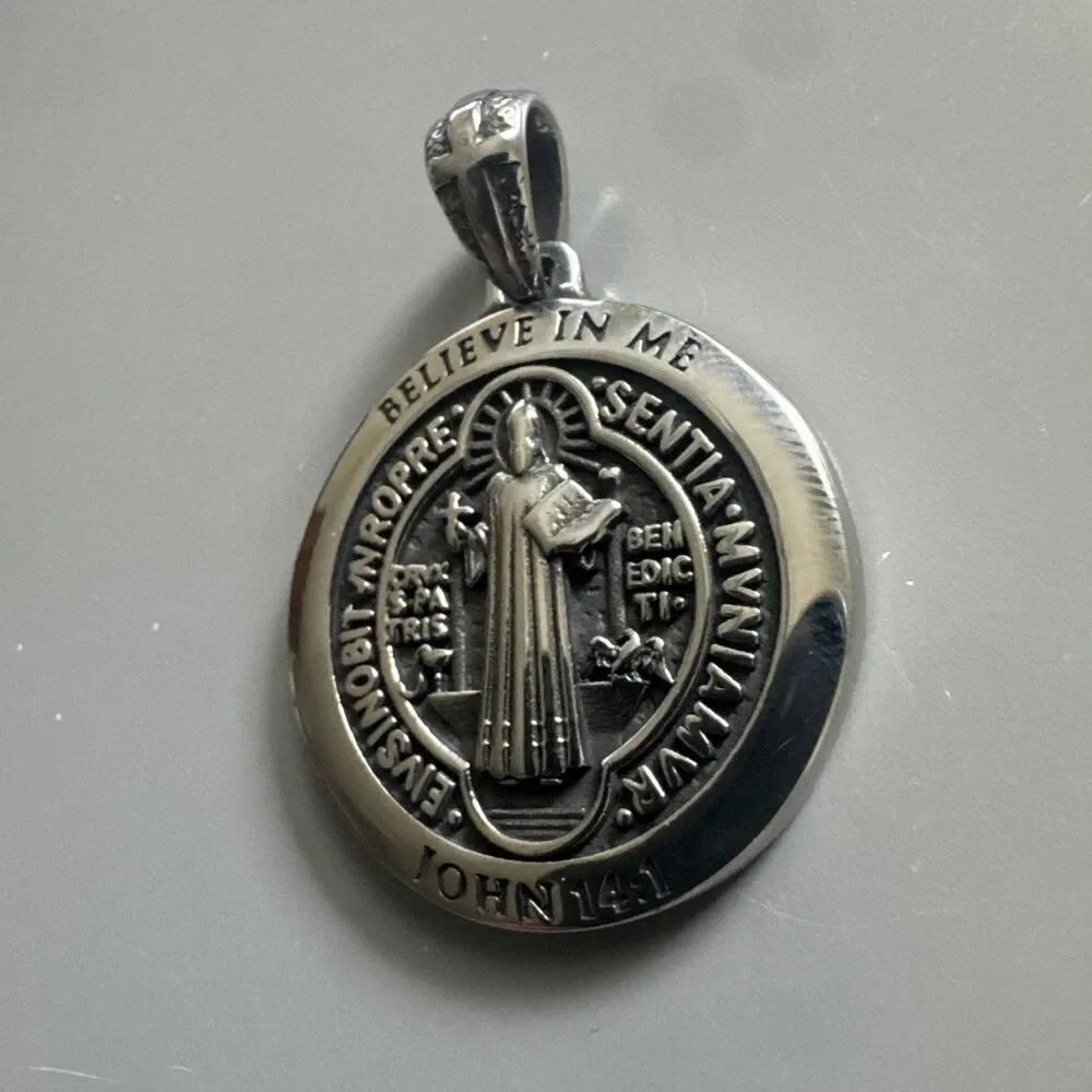 Saint Benedict Plated Pendant 24” Chain Stainless Steel Jesus Christ Silver